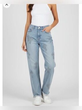 AUSTIN LANDING Studded Embroidered Cross Straight Leg Jeans Blue Size 0